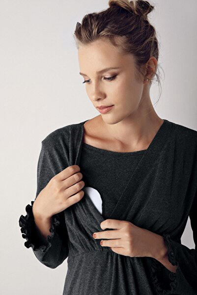 Artış Women's Long Sleeve Cotton Flexible Maternity Dressing Gown Nightgown Set 13400