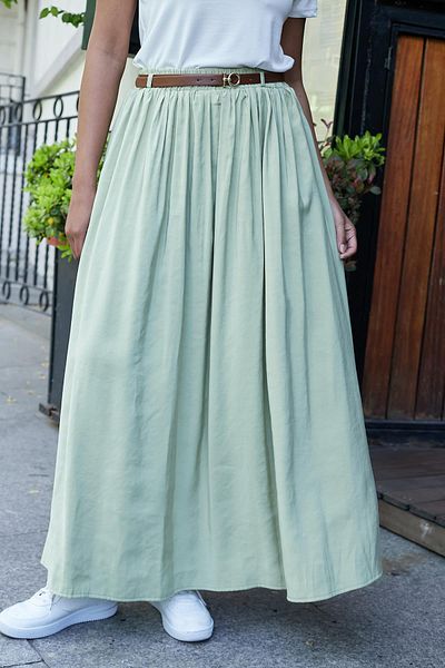 Jument Women's Silky Texture Modal Fabric Pocket Elastic Waist Ankle Length Long Skirt (Including Leather Belt)-Oil Green