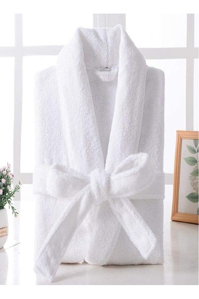 RISHAHOME 100% Cotton Unisex Terry Bathrobe with Collar & Pockets – White, 450 GSM, 1 Pc