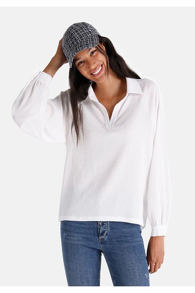 Colin's Tricou alb cu mânecă lungă pentru femei, cu gât de cămașă, cu croiala normală
