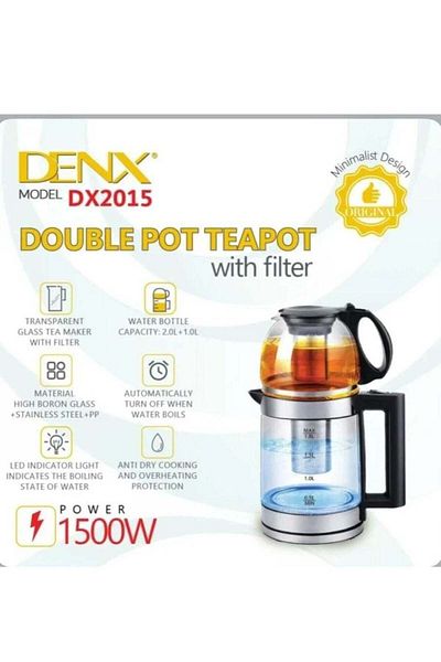 Denx غلاية كهربائية لتحضير الماء والشاي 2 في 1، 1500 واط، 1.8 لتر
