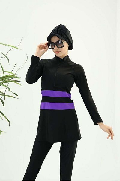 NS Tasarım Tesettür Mayo Golf Purple Striped Black Design Hijab Double Swimsuit Set