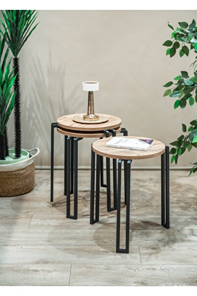 TOPRAK E-TİCARET Elit 3 lü Sehpa Metal Ayaklı  Çok Amaçlı Zigon Misafir Servis Sehpası ve Orta Sehpa Atlantik Çam