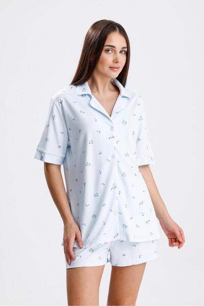 Espuar 768 Set de pantaloni scurți din viscoză din bumbac pieptănat, cu nasturi, cu model de flori pentru femei