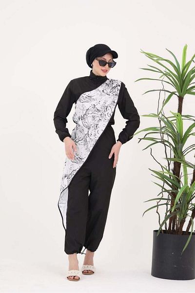 NS Tasarım Tesettür Mayo Ocean White Angel Pattern Design Hijab Parachute Fabric Jumpsuit Swimsuit