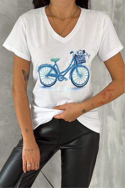 FEMELLE Tricou alb pentru femei, cu decolteu în V, cu paiete, brodat, 100% bumbac