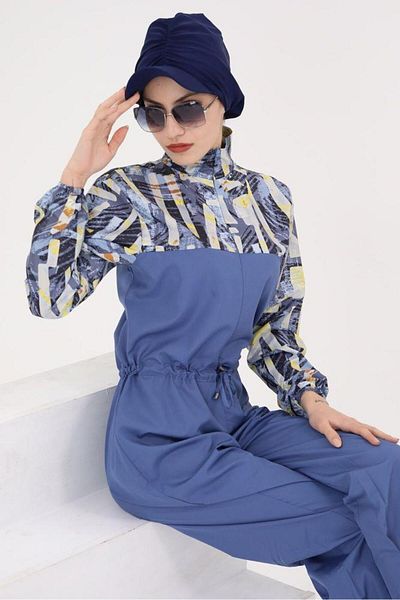 NS Tasarım Tesettür Mayo Dream Melodi Pattern Design Hijab Parachute Fabric Jumpsuit Swimsuit