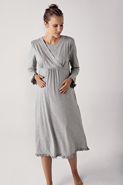 Artış Women's Long Sleeve Cotton Flexible Maternity Dressing Gown Nightgown Set 13400