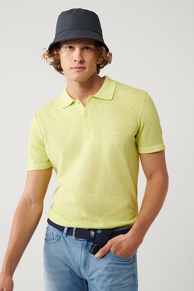 Avva Ανδρικό πλεκτό μπλουζάκι Polo Neck - Neon Green, 3 κουμπιά, Garment Dyed A41y5067