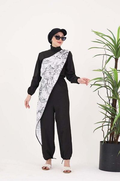 NS Tasarım Tesettür Mayo Ocean White Angel Pattern Design Hijab Parachute Fabric Jumpsuit Swimsuit