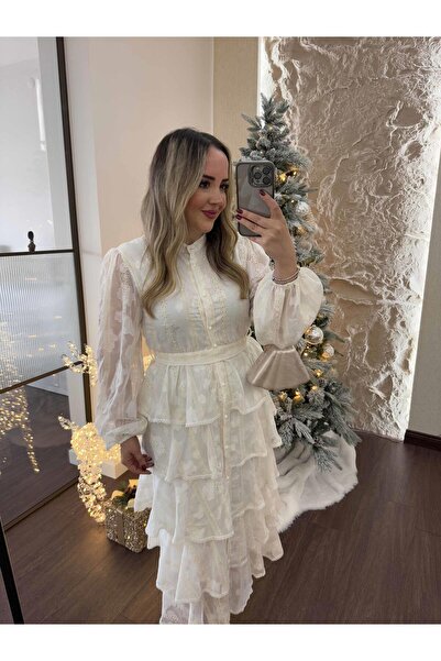 Byelifdursun Diamond Beyaz Çiçekli Şifon Elbise