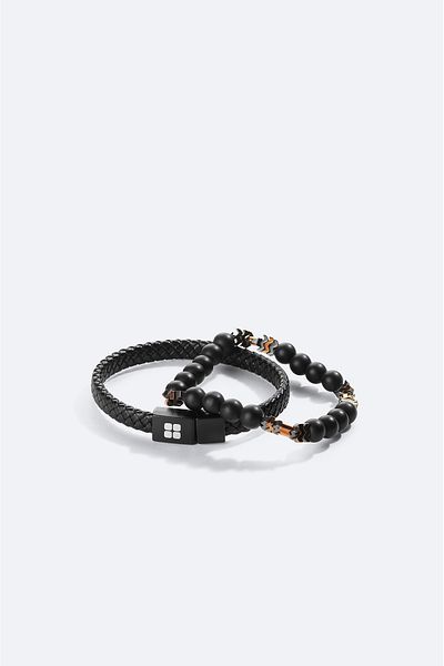 Avva Men's Black 2-Piece Bracelet - 100% Leather and Onix Stone, A41Y9604