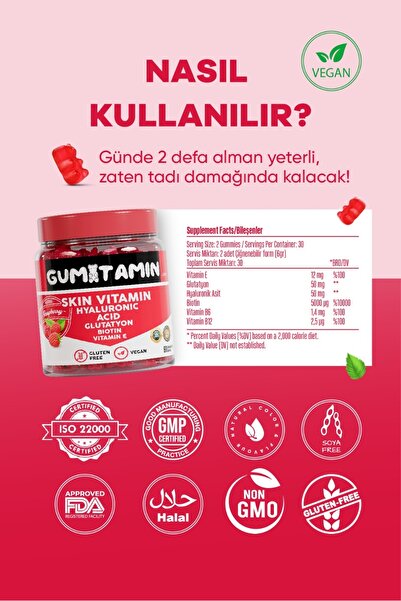 Gumitamin Cilt Vitamini Vegan Gummy, Hyaluronik Asit, Glutatyon, Biotin, Vitamin E, Dogal Ahududu Aromalı