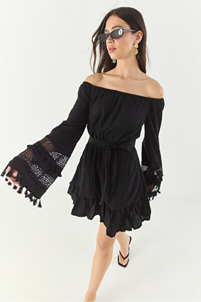 Bianco Lucci Women Madonna Collar Beli Elastic Lace Sleeves Belted Lined Mini Summer Dress 60283246