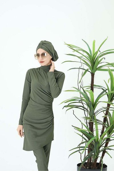 NS Tasarım Tesettür Mayo Scarlett Double Khaki Swimsuit Set