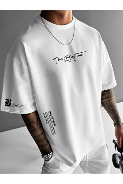 LAND MODA Ανδρική μόδα Boston City Slogan Letter Printed Casual Loose κοντομά...