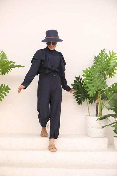 NS Tasarım Tesettür Mayo Hijab Parachute Fabric Jumpsuit Swimsuit with Shoulder Detail - 513