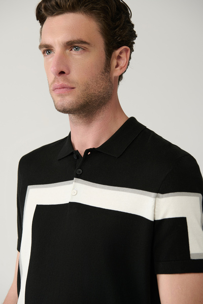 Avva Schwarzes Herren-Strick-T-Shirt mit 3-Knopf-Farbblock-Detail und Polokragen A41y5107
