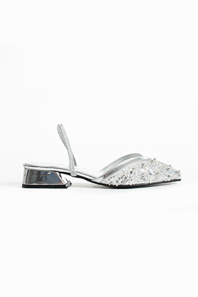 Gökçe Shoes Martha Gümüş Fileli İnci Detay Pullu Kadın Babet