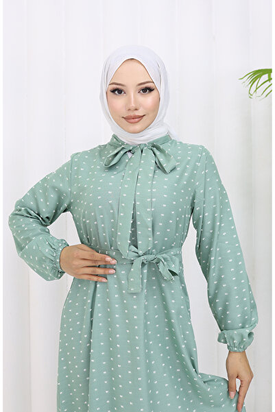 sefamerve Pıtpıt Desenli Kuşaklı Elbise 0383-06 Çağla Yeşili
