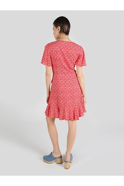 Colin's Red Floral Patterned Slim-Fit Pleated Women's Dress