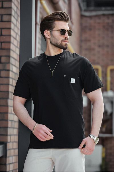 Madmext Black Pocket Crew Neck Basic T-Shirt E7149