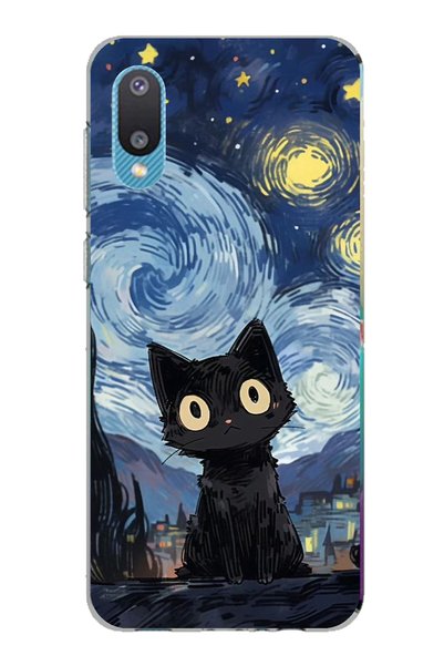 TechTree Galaxy A02 Compatible Midnight Cat Design Transparent Silicone Case