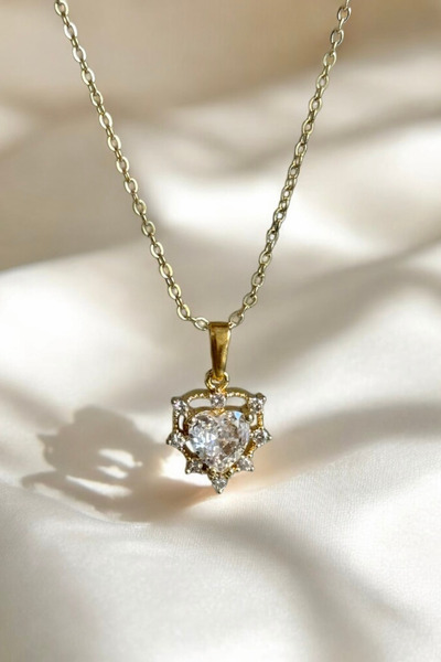 Elifsu Jewelry Heart Figured Zircon Stone Steel Necklace