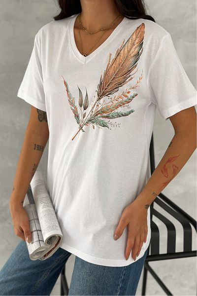 FEMELLE Women's White V-Neck Plus Size Leaf Pattern Sequin Sequin Embroidered 100% Cotton Plus Size T-Shirt