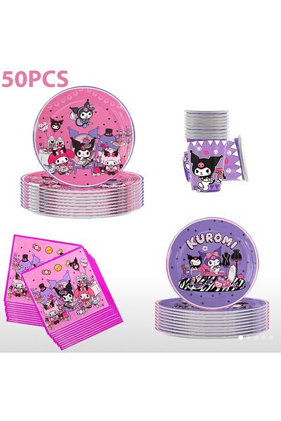 So Iconic Set de petrecere de aniversare cu 50 de bucăți Sanrio Kuromi pentru 10 persoane / farfurie, ceașcă, șervețel din carton
