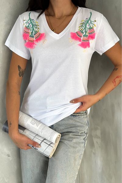 FEMELLE Tricou alb pentru femei, cu decolteu în V, cu paiete cu paiete, brodat, 100% bumbac