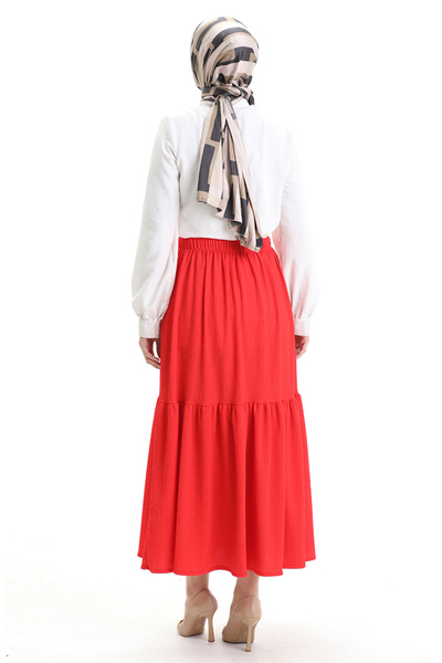 sefamerve Burgundy Fabric Skirt with Elastic Waist 0066-02 Red