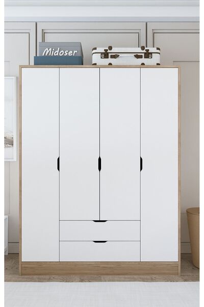 midoser Nisan Açık Ceviz-beyaz 140 Cm 4 Kapılı 2 Çekmeceli Elbise Dolabı - Gardırop
