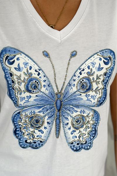 FEMELLE Women's White V-Neck Plus Size Butterfly Pattern Sequin Embroidered 100% Cotton Plus Size T-Shirt