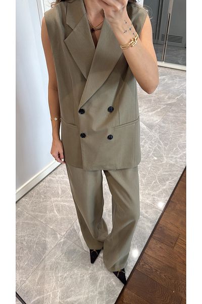 My Blog Khaki Black Buttoned Vest Trousers Suit - 9568