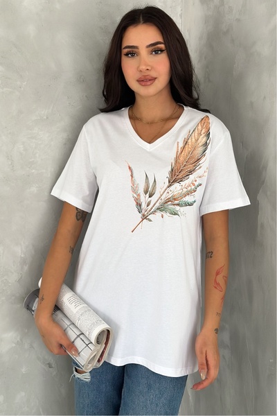 FEMELLE Women's White V-Neck Plus Size Leaf Pattern Sequin Sequin Embroidered 100% Cotton Plus Size T-Shirt