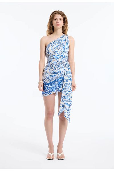 Tumtum Wear Single Shoulder Detailed Skirt Open Form Side Tie Print Dress