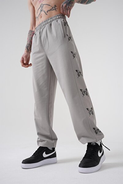 Machinist Ανδρικό παντελόνι με στάμπα πεταλούδας από οργανικό βαμβάκι Oversize ανοιχτό γκρι