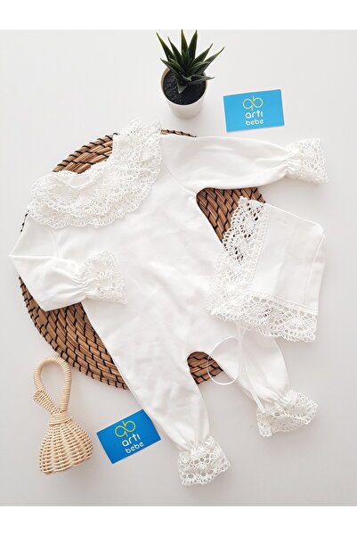 artıbebe Lacy Newborn Baby Romper with Headband, 100% Cotton