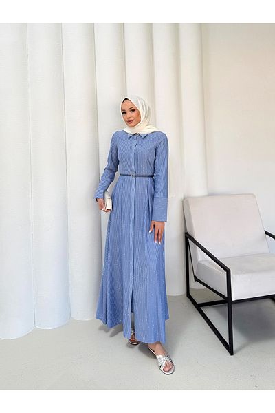 Melike Tatar Striped Stone Belted Poplin Dress 32-2341