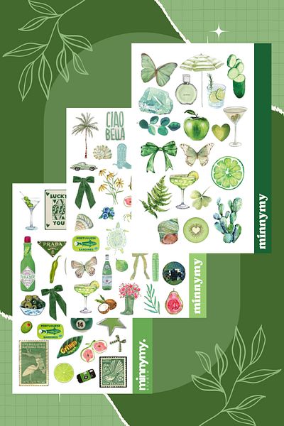 Minnymy 3-Pack Green Collection Retro Sticker, Sticker, Agenda, Diary, Planner, Bullet Journal, Scrapbook