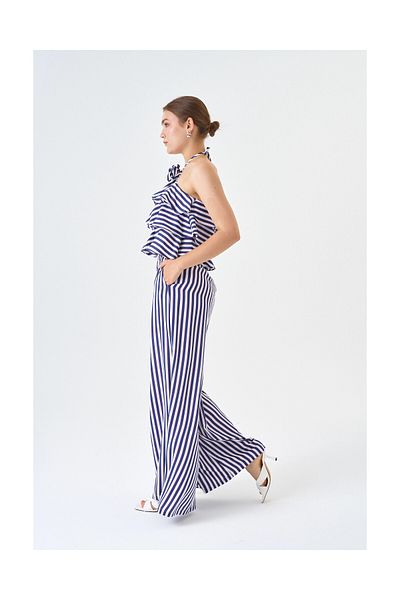 MODATALİKA Trend Women's Rose Detailed Blouse and Wide Leg Trousers Striped Two Piece Set