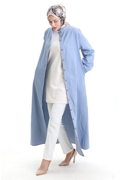 sefamerve Denim lung cu nasturi Denim Abaya 0058-02 Ice Blue