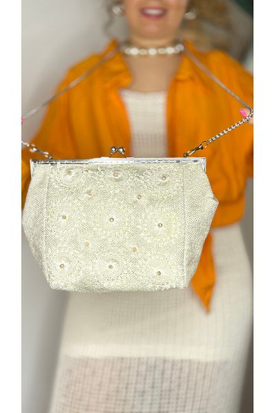 Tuvita Collection Bodrum Linen Fabric and Needlepoint Embroidered Handmade Crystal Bead Detailed Beige Ecru Women's Messenger Bag