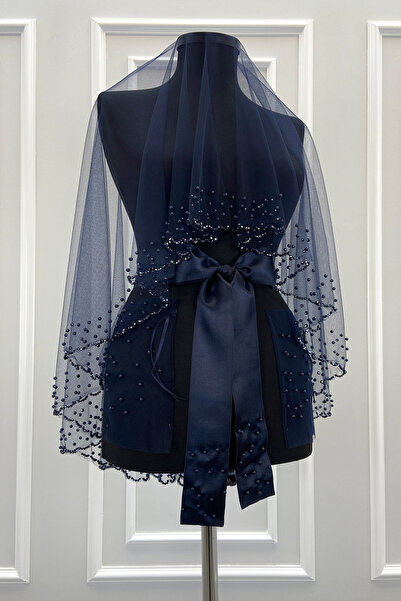 ZEYMERADE طقم حجاب زفاف باللون الأزرق الداكن، خرز كريستالي لامع ولؤلؤ، حجاب ح...