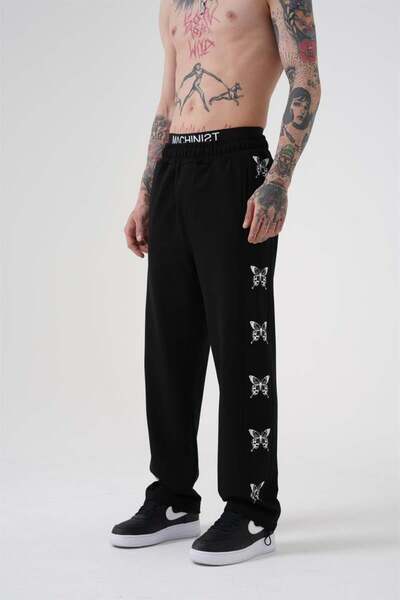 Machinist Men's Butterfly Printed Organic Cotton Oversize Black Sweatpants