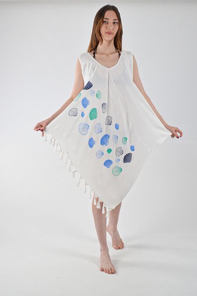 REİNA TEKS Bell Dress Seashell Print Asymmetrical Dress Cotton Beachwear 1 Pcs Pareo Beachwear
