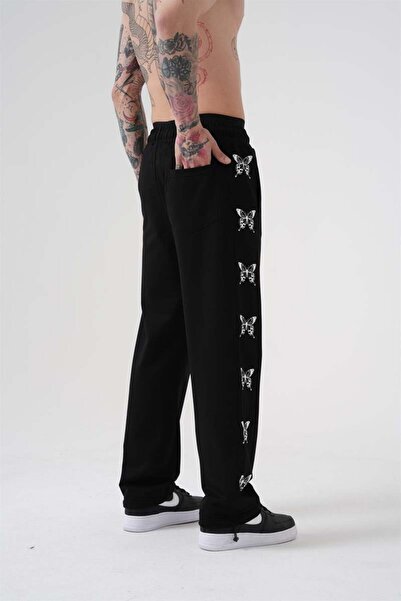 Machinist Men's Butterfly Printed Organic Cotton Oversize Black Sweatpants