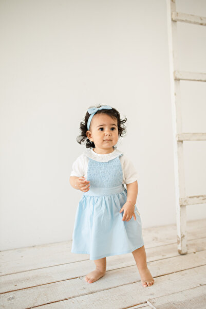 Kuarks Kız Çocuk Kız Bebek %100 Pamuk Mavi Yazlık Elbise Saç Bandı Hediyeli D...