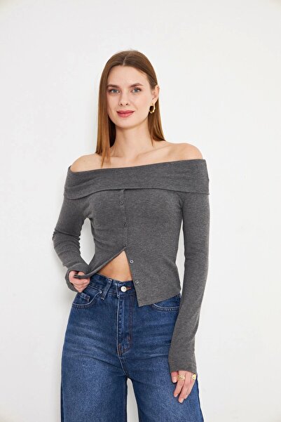 Akabi سويت شيرت نسائي مكشوف الكتفين وأكمام طويلة ورقبة قارب، رمادي ميلانج أنث...